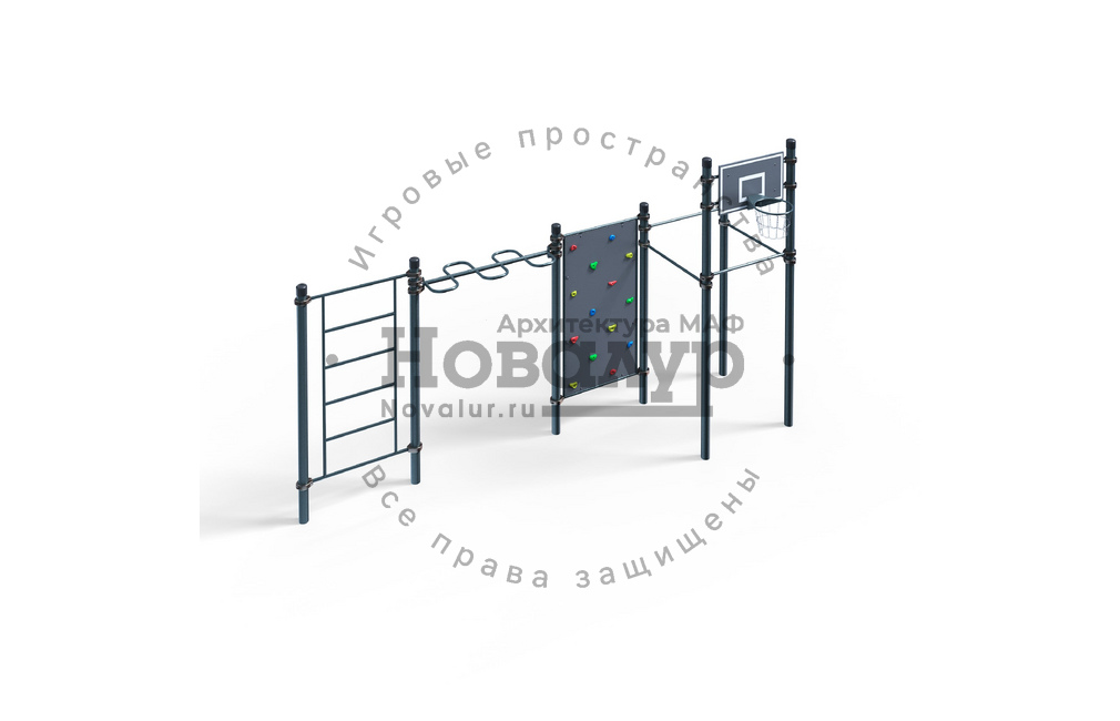 Воркаут - 3 турника, баскетбольный щит, рукоход-змеевик, скалодром, шведская стенка